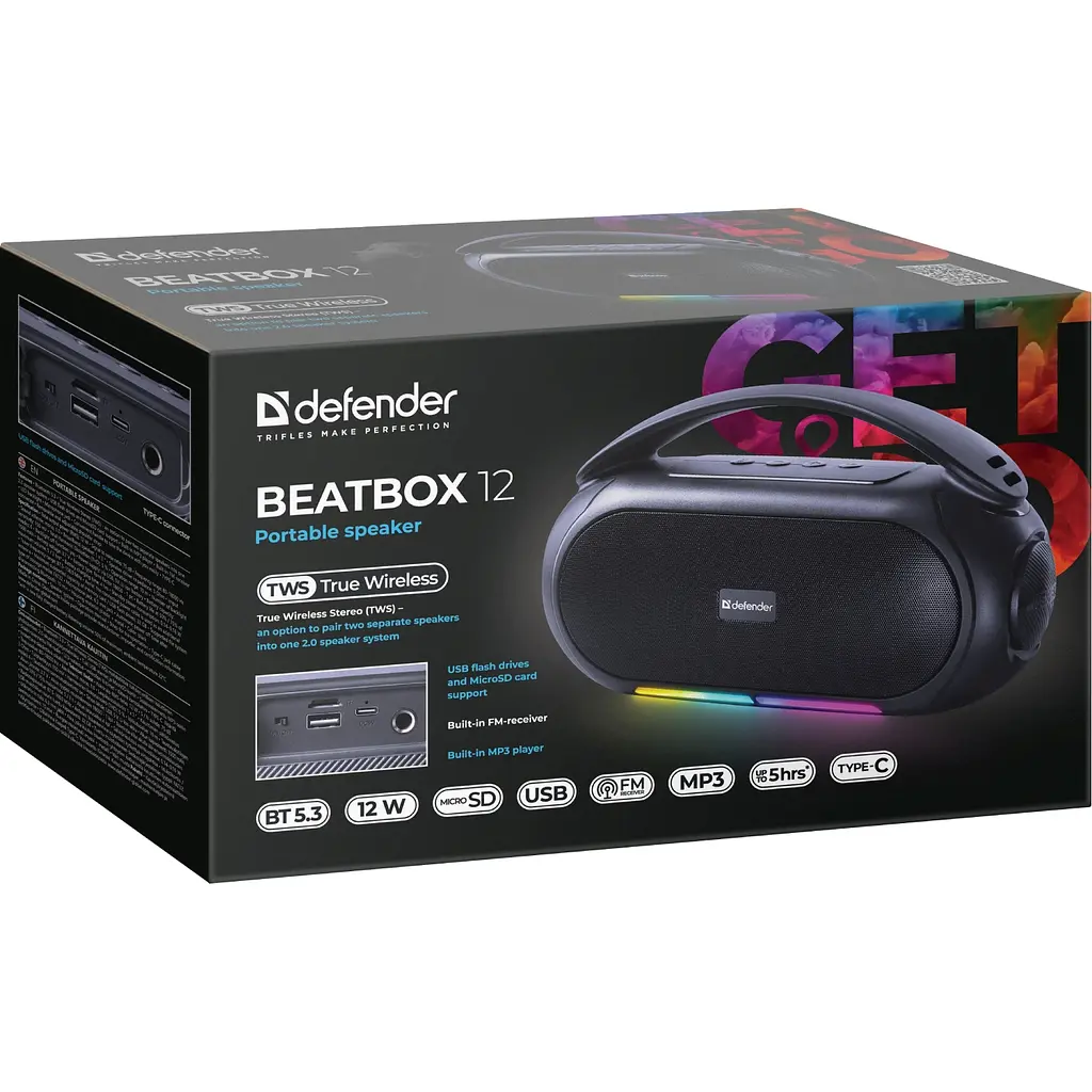 Акустична система 1.0 Defender Beatbox 12, 12Вт, Bluetooth/RGB/FM/USB/TF/MIC/ чорна - фото 8