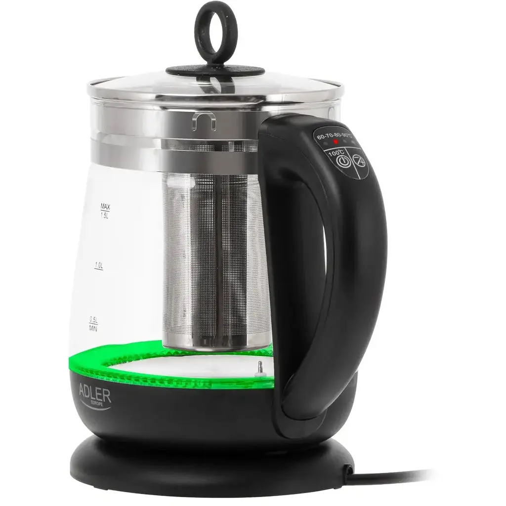 Чайник Adler AD 1299 стеклянный 1.5 л с заварочным блоком и контролем температуры черный - фото 3