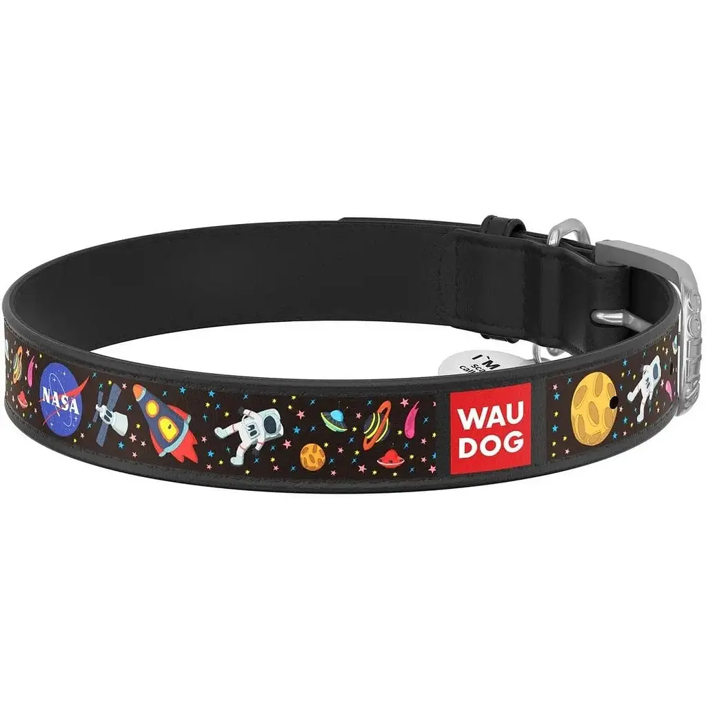 Нашийник для собак Waudog Design NASA, шкіряний, з QR паспортом, XL, 46-60х3,5 см, чорний
