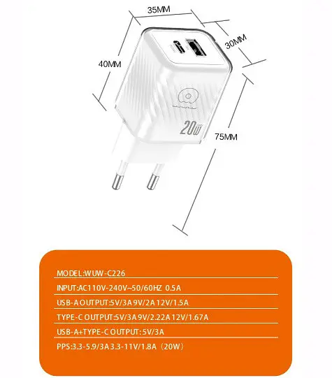 Зарядний пристрій WUW 20W адаптер блок живлення WUW C226 QC3.0 USB Type-C Білий - фото 4