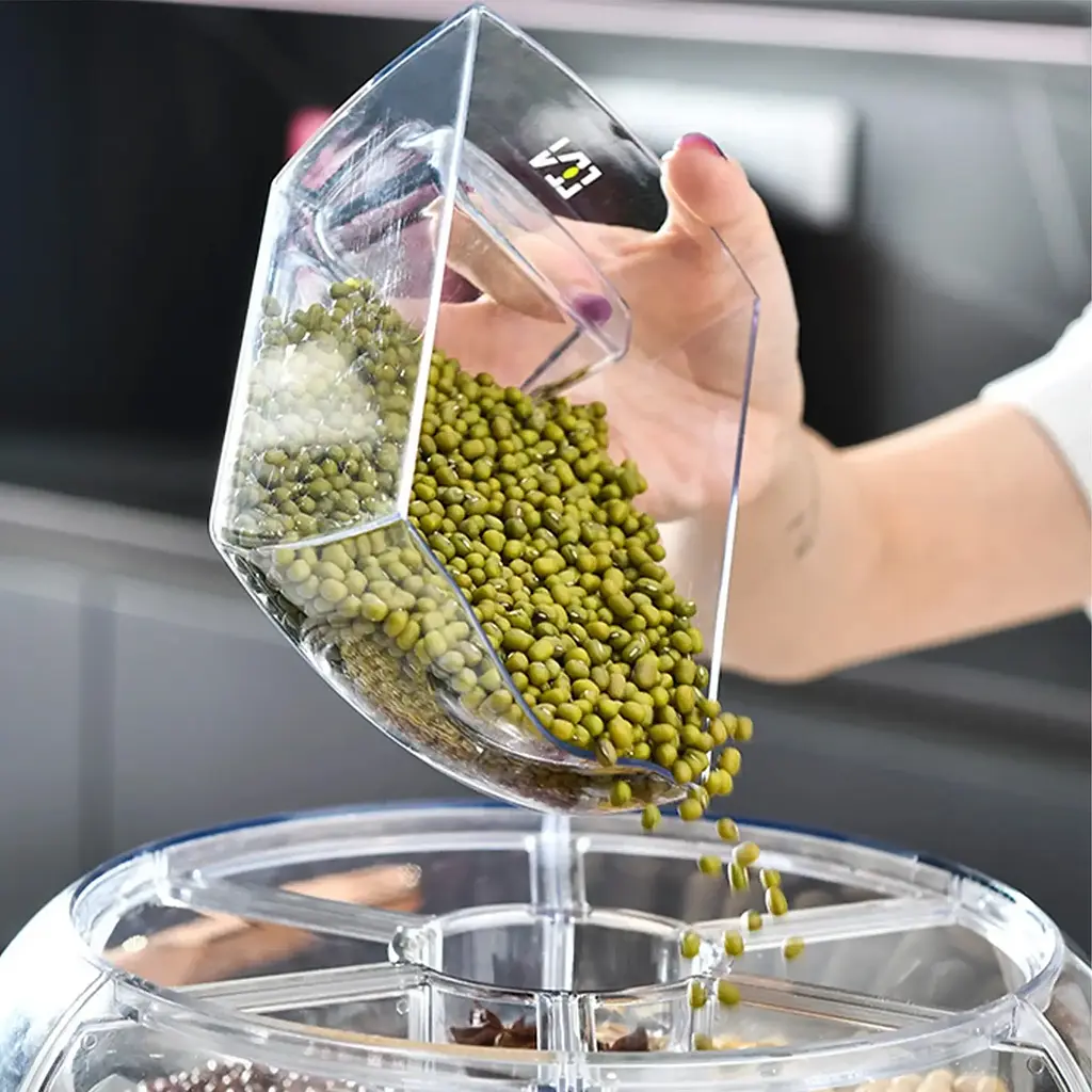 Диспенсер для сипучих продуктів із дозатором 6 відділень кухонний органайзер вологостійкий контейнер для зберігання круп обертається на 360 градусів W6 UKC 6027 - фото 9
