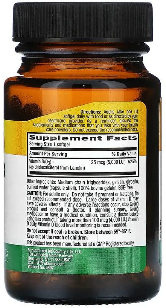 Вітамін D3 Country Life Vitamin D3 5000 IU, 60 капсул для здоров'я кісток, зубів і імунітету - фото 2