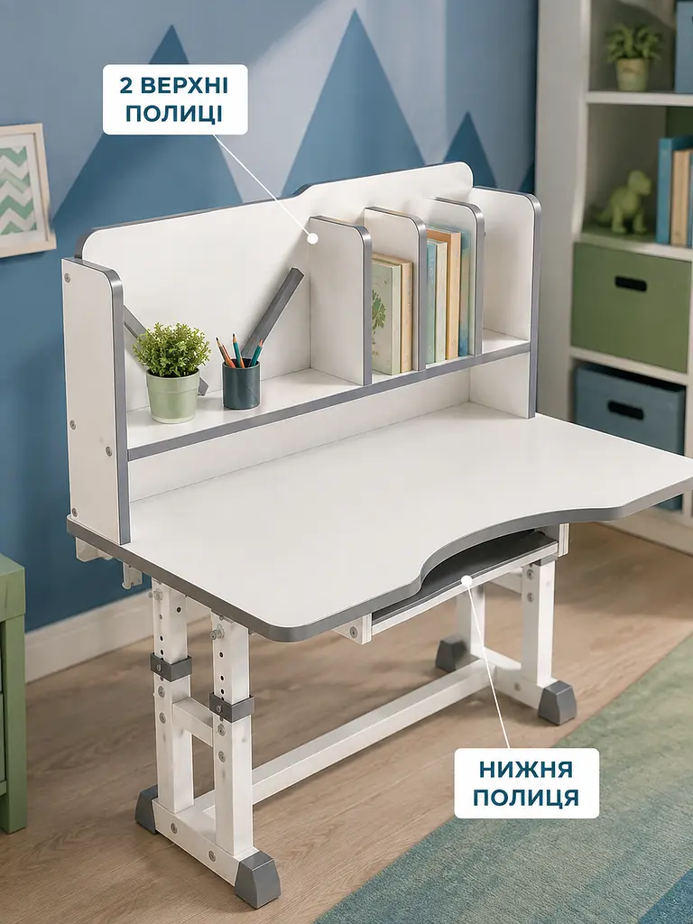 Дитяча парта зі стільцем регульована за висотою, шкільний стіл з полицями для навчання та творчості (49676361) - фото 4