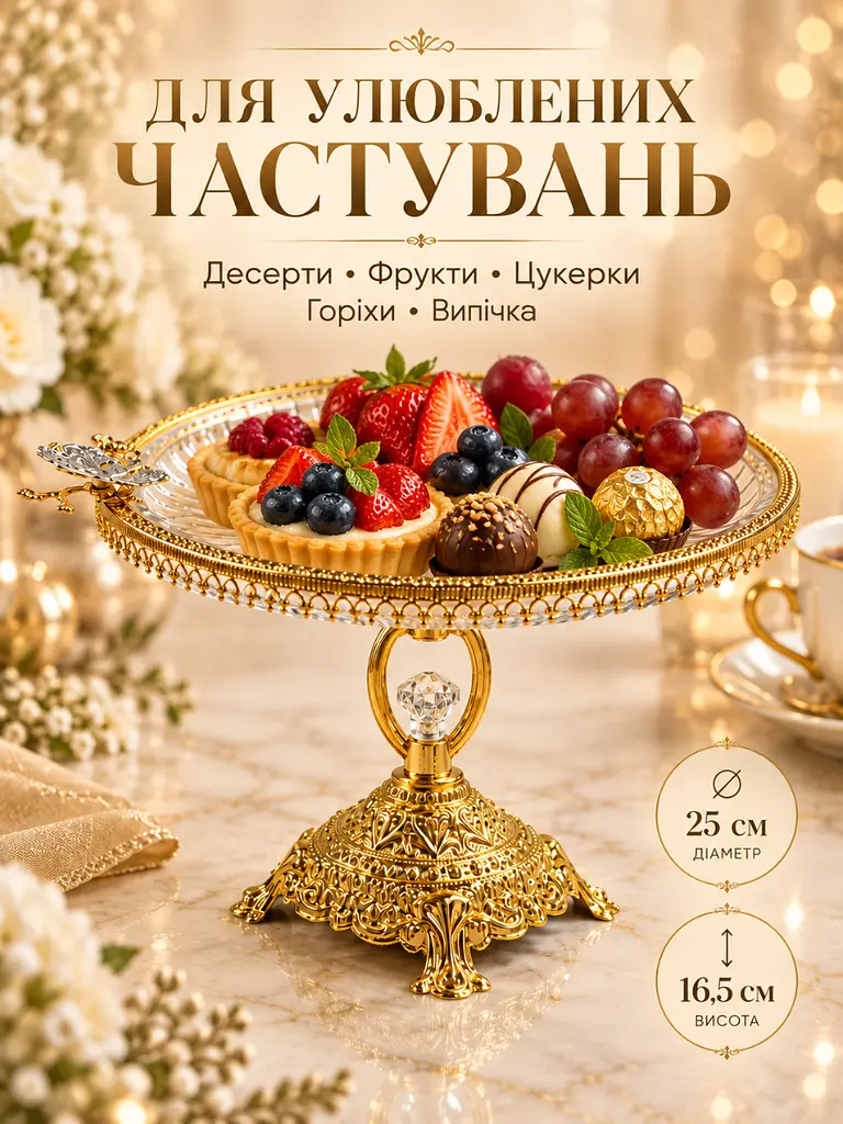 Підставка для сервірування кругла на ніжці 25х16.5 см зі скла та металу для десертів золотиста (37261106) - фото 8