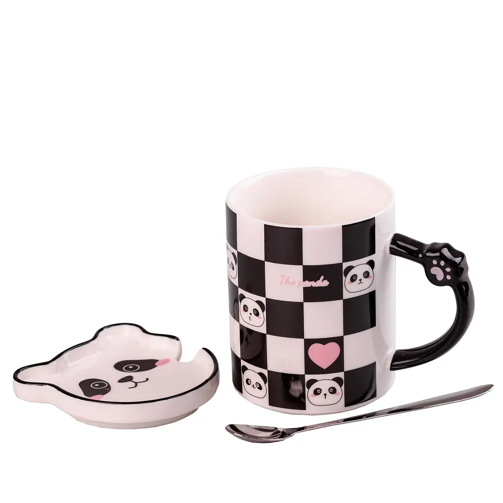 Чашка керамічна Happy Life The Panda з блюдцем та ложкою шаховий візерунок 350 мл HPCY8369CH - фото 2
