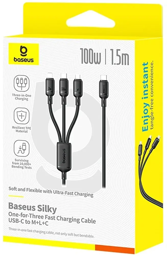 Кабель 3 в 1 Baseus Silky One-for-Three Fast Charging Cable USB-C to M+L+C 100W 1.5 м Чорний - фото 2