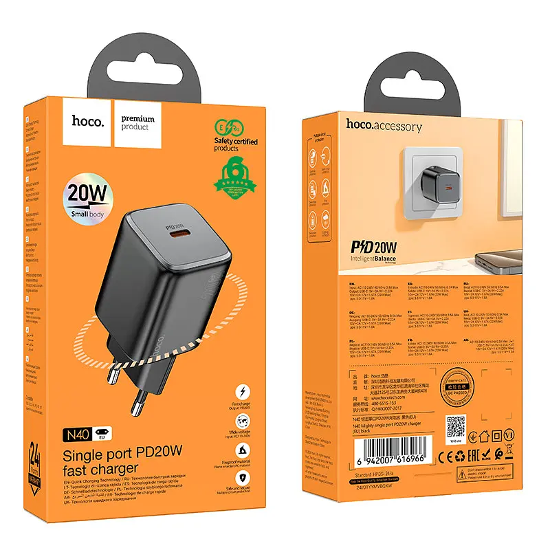 Сетевое зарядное устройство Hoco N40 Mighty single port PD20W charger(EU) Черный - фото 2