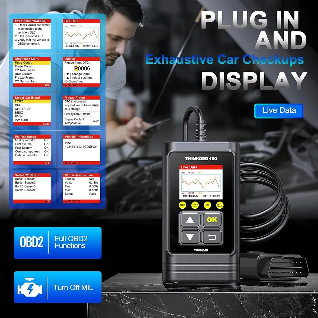 Считыватель кодов THINKCAR OBD100 OBD2, универсальный автомобильный сканер OBD2 считыватель неисправностей двигателя OBD2/EOBD - фото 4