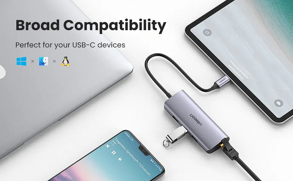 Хаб Ugreen CM252 Usb-C - 3 x Usb 3.0 RJ45 Micro Usb Multifunction Adapter сріблястий (60718) - фото 2