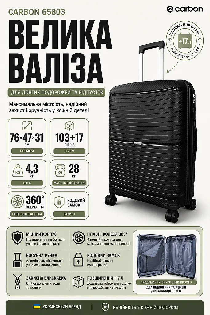 Валіза велика Carbon 65803 поліпропілен 76х47х31 см 103+17 л Чорна - фото 3