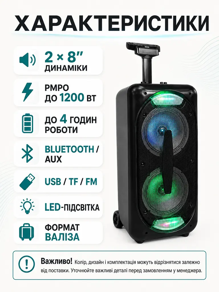 Портативна колонка валіза 2×8″ PMPO 1200 Вт з мікрофоном, пультом і LED чорна (49676163) - фото 2