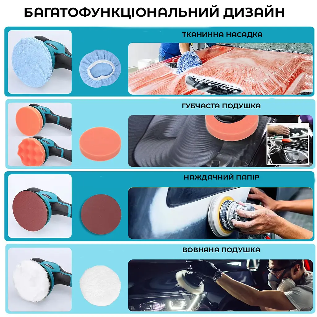 Полірувальна машинка Waxing Polisher акумуляторна з насадками 2 АКБ - фото 6