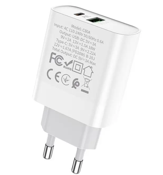Сетевые зарядные устройства Hoco C80A Plus Rapido PD20W + QC3.0 charger (EU) Белый - фото 3