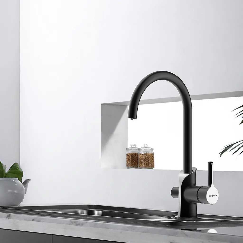 Смеситель для кухни на две воды Gappo G4303-6, черный/хром, Черный матовый - фото 2