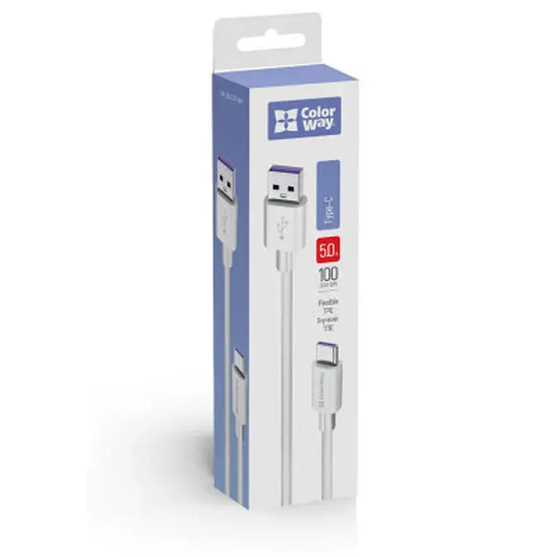 Дата кабель USB 2.0 AM to USB-C 1.0m 5A white ColorWay (CW-CBUC019-WH) - фото 4