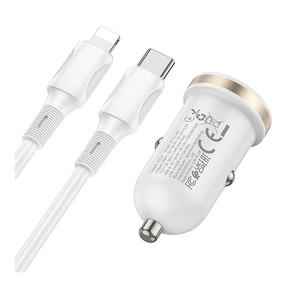 Автомобільний зарядний пристрій Borofone BZ22 Scenery dual-port 1USB/1USB-C QC/PD30W Type-C to Lightning 1 м White (35608_3347278) - фото 3
