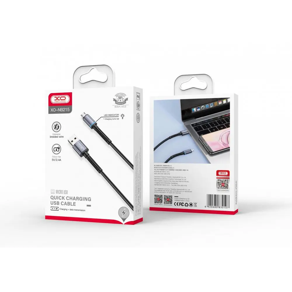 Кабель XO NB215 2.4A Intelligent conversion light braided data cable Micro cable Черный - фото 2