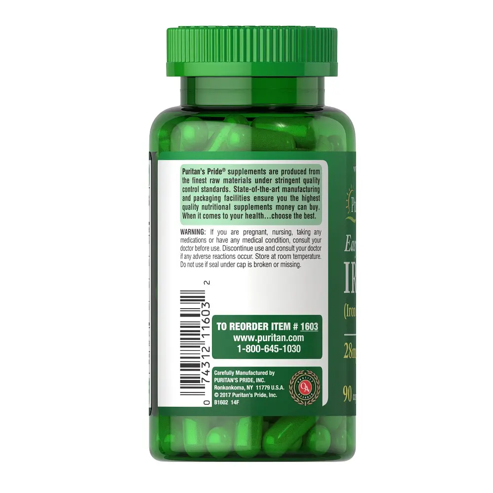 Вітаміни та мінерали Puritan's Pride Easy Iron 28 мг (Iron Glycinate) 90 капсул - фото 3