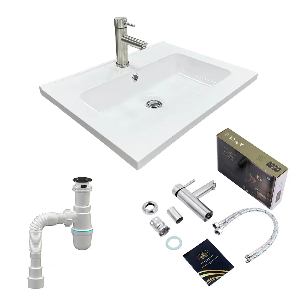Раковина накладна Adamant FLATE 60, прямокутна, з сифоном Click-Clack + змішувач (4824296207701)