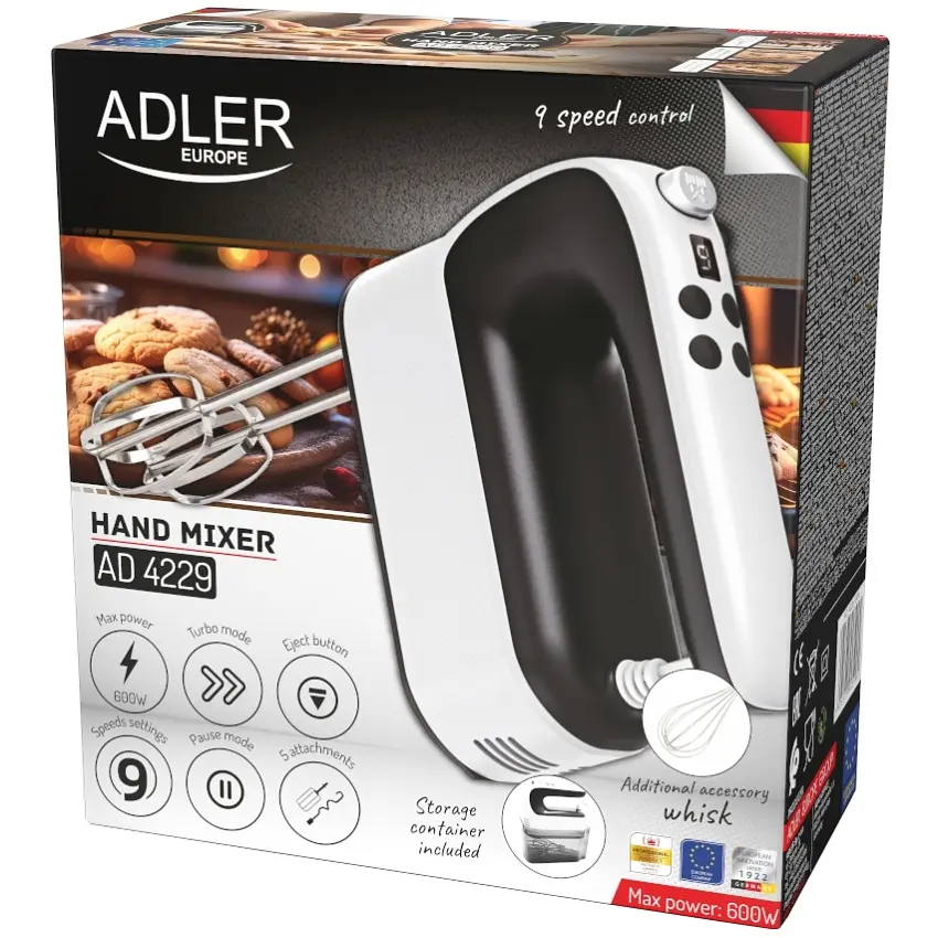 Миксер Adler AD 4229 ручной/ 600Вт/ 9 скоростей/ Turbo/ контейнер для аксессуаров/ белый - фото 8