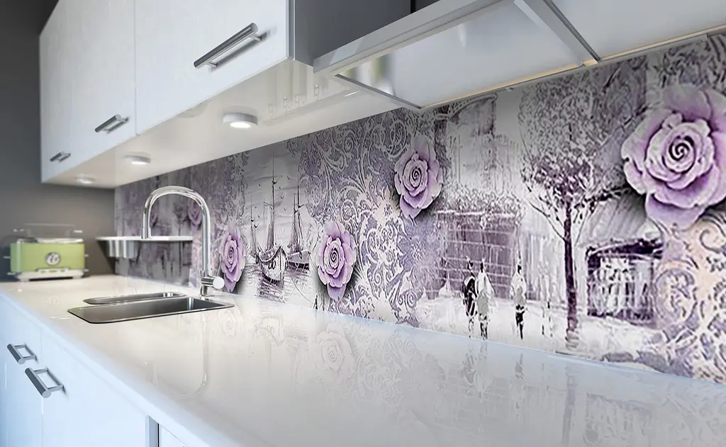 Вініловий кухонний фартух 3Д Троянди наклейка ПВХ квіти Абстракція Фіолетовий 60х250 см Happy Pocket Z181462 - фото 6