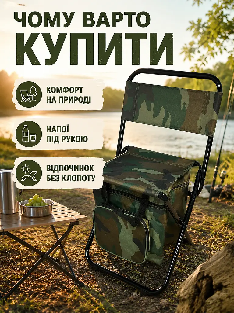 Складаний туристичний стілець із термосумкою до 100 кг 35×28×59 см камуфляж (49676082) - фото 5