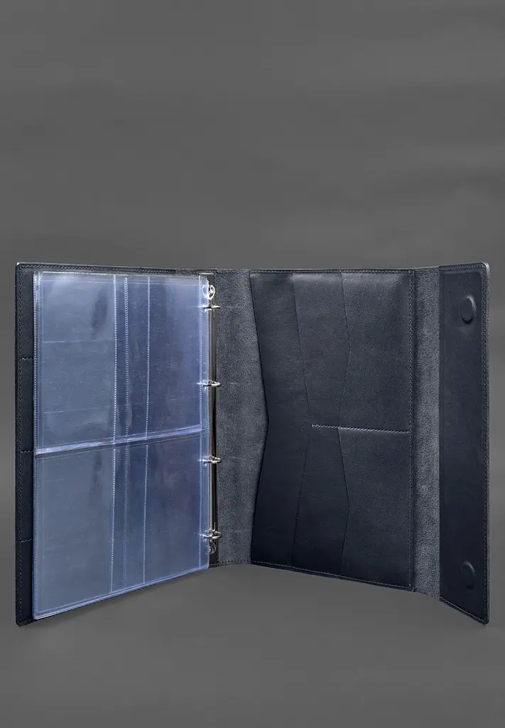 Кожаная папка для документов "Семейная" А4 на сегрегаторе с файлами темно-синяя - фото 4