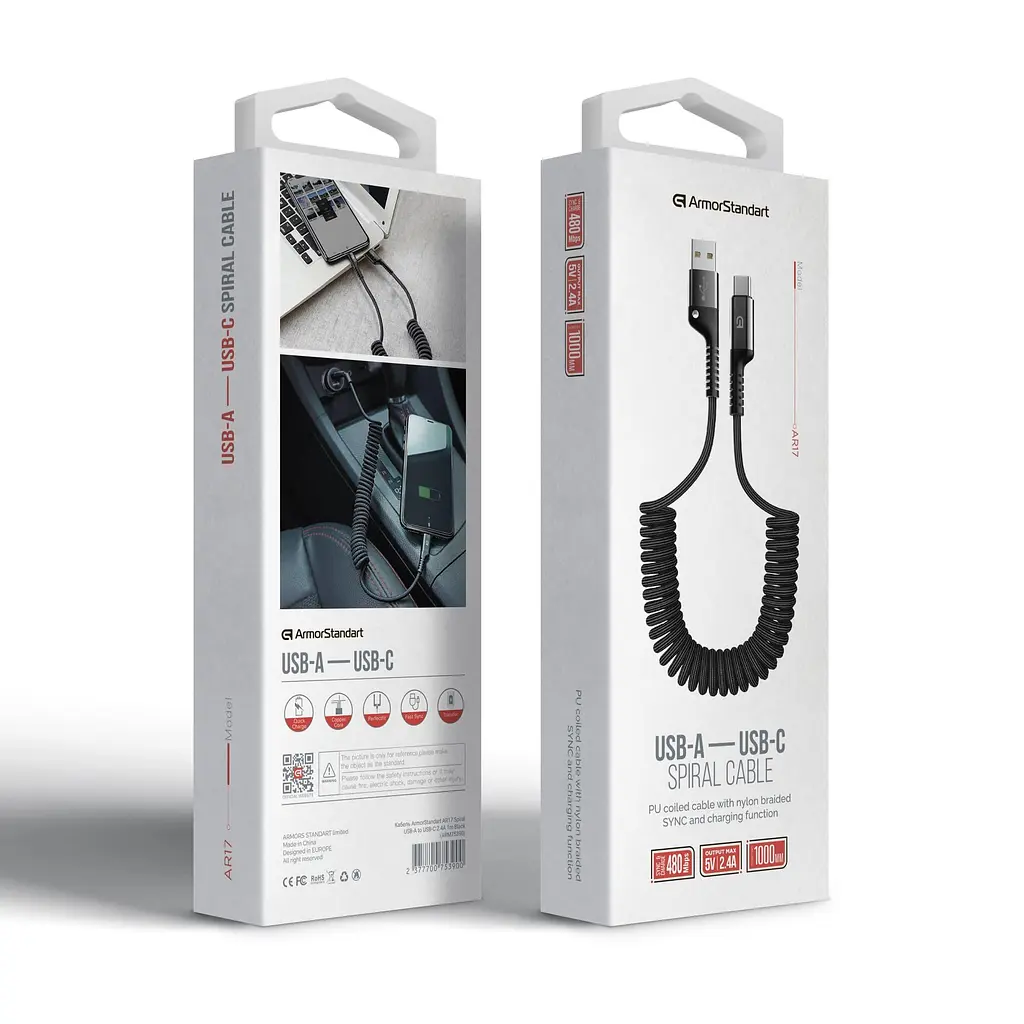 Кабель ArmorStandart AR17 Spiral USB-A to USB-C 2.4A 1m Black (ARM75390) - фото 3