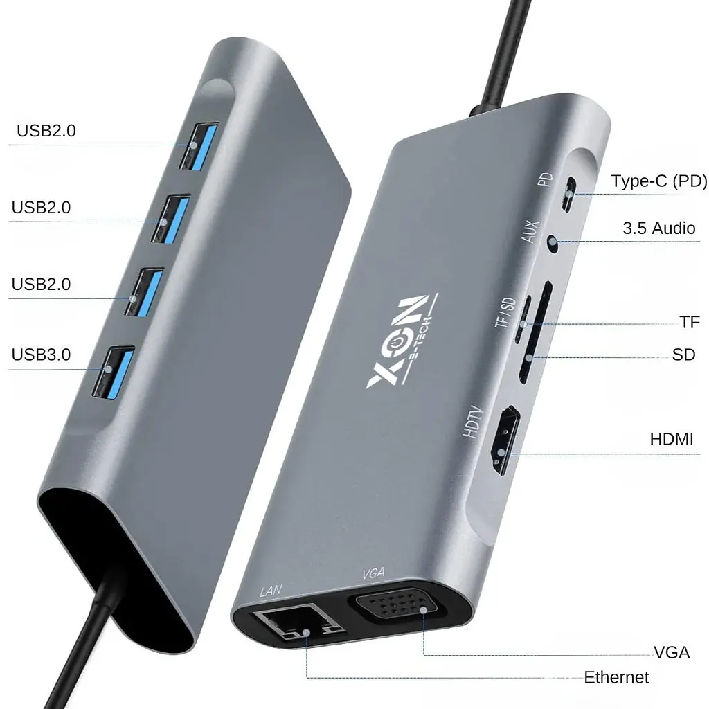 USB-хаб XON SmartHub 11 в 1 (Ethernet, VGA, HDMI, 3.5 Audio, SD/TF, Type-C, 2xUSB3.0, 2xUSB2.0) Сірий (UHCHP113322G 4432) - фото 5