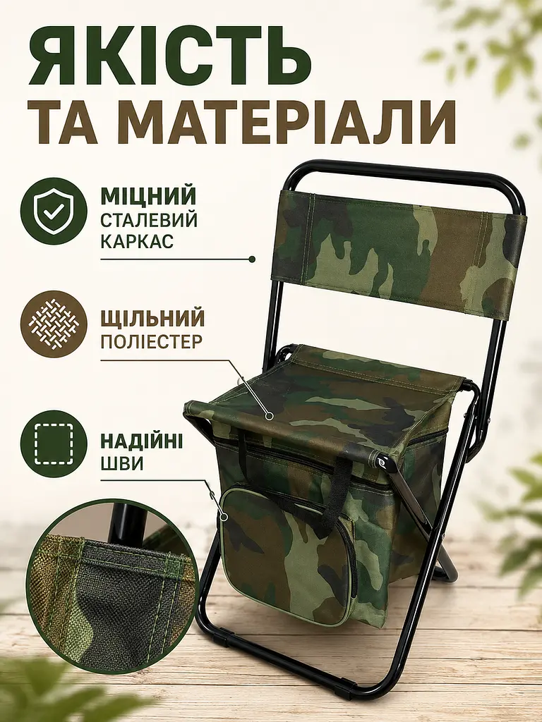 Складаний туристичний стілець із термосумкою до 100 кг 35×28×59 см камуфляж (49676082) - фото 6