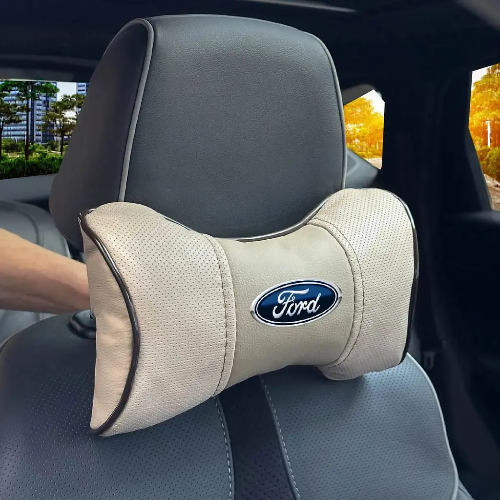 Подушка на підголівник з логотипом Ford Екошкіра 3D Кольоровий лого Бежева-Коричневий кант 1 шт