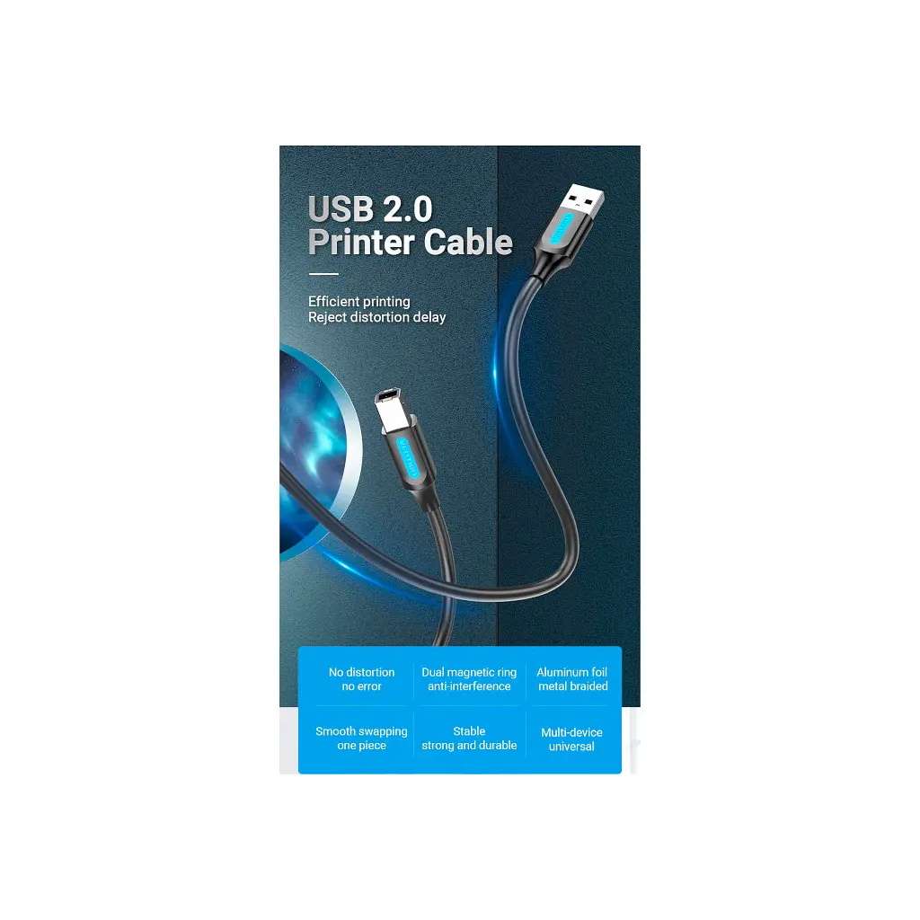 Кабель для принтера USB 2.0 AM/BM 1.5m 480Mbps PVC black Vention (COQBG) - фото 3