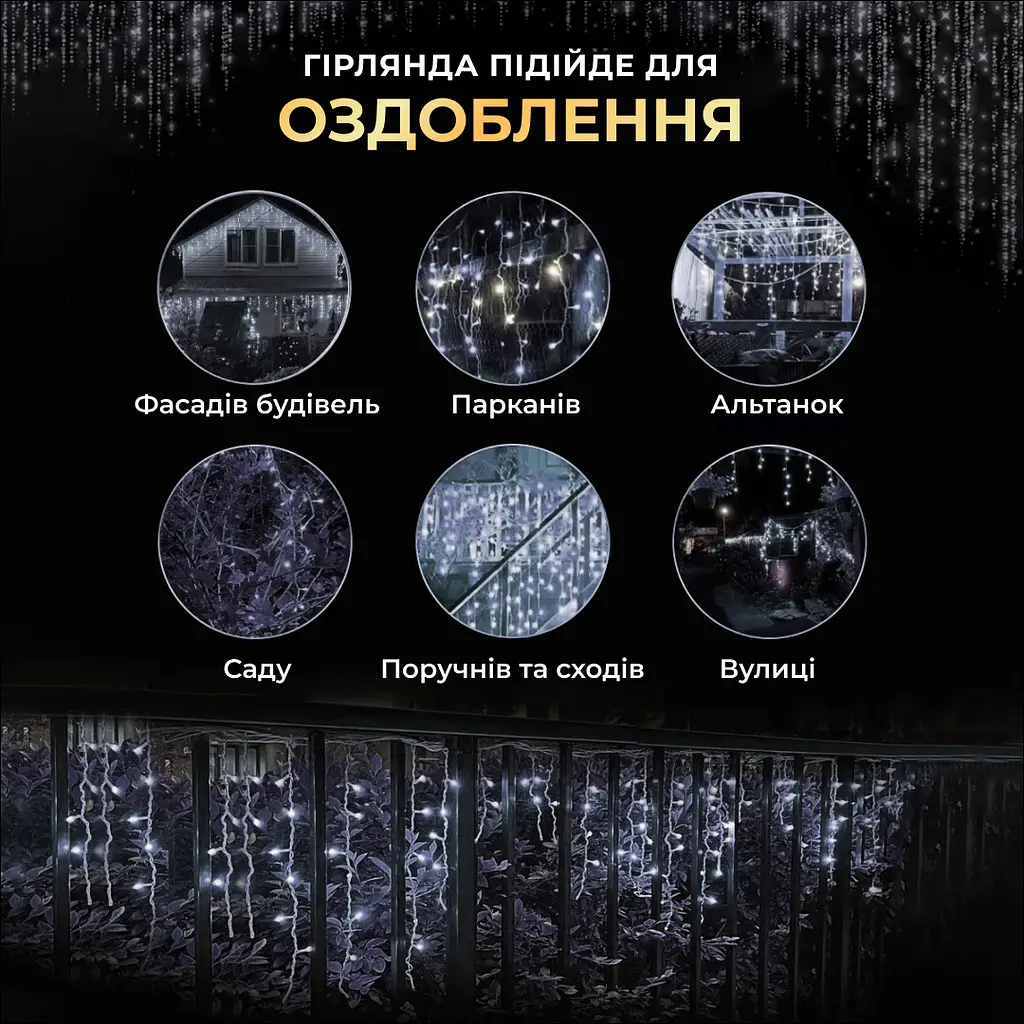 Гирлянда GarlandoPro Бахрома уличная 200 LED 12 м черная, белый (12MBW) - фото 9