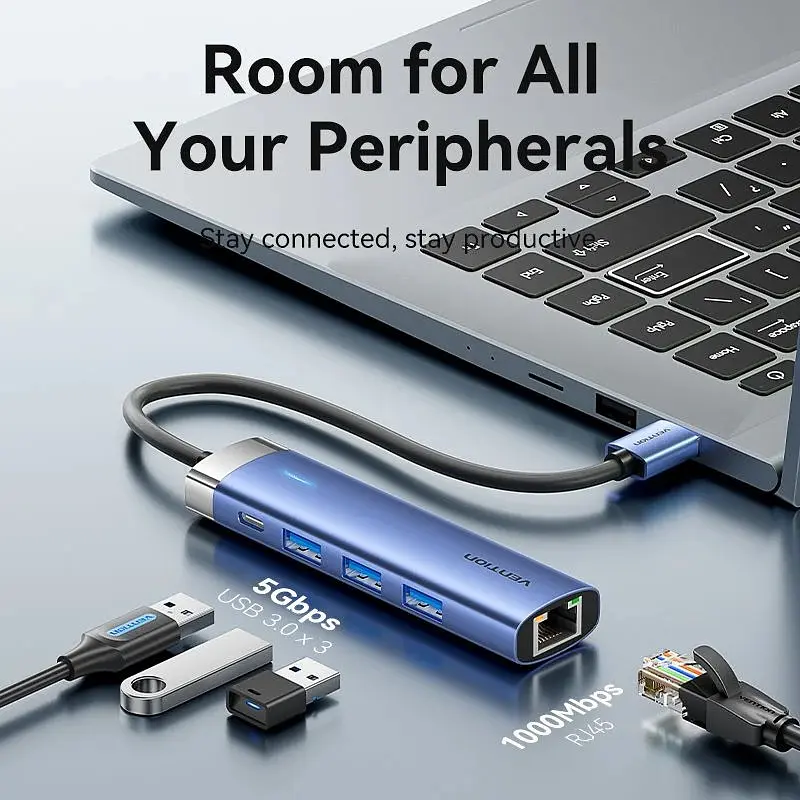 Хаб USB 3.0 -> 3xUSB 3.0/RJ45/USB-C Hub Синій Aluminum Alloy 5-in-1 Vention - фото 6