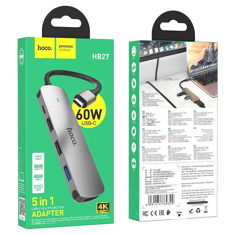 Usb-хаб Hoco HB27 Type-C multi-function converter (HDTV+Usb3.0+Usb2.0x2+PD) Темно-сірий - фото 3