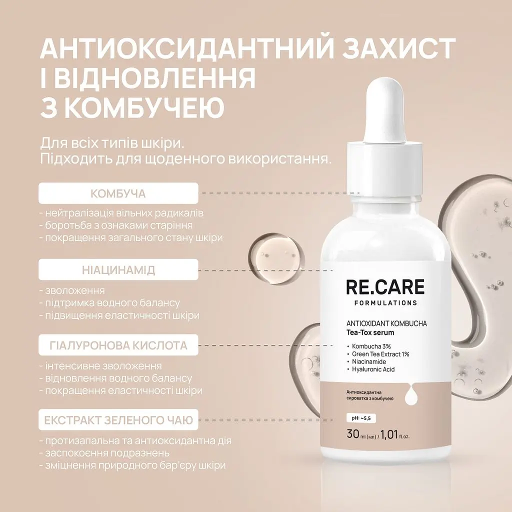 Антиоксидантна сироватка з комбучею Re.Care Antioxidant Kombucha Tea-Tox Serum 30 мл - фото 8