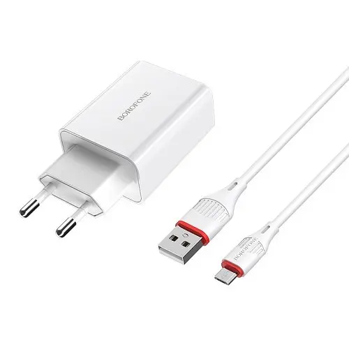 Сітчасте зарядне пристрій BOROFONE BA21A Long QC3.0 1USB/3A/18W + Cable Micro білий - фото 4