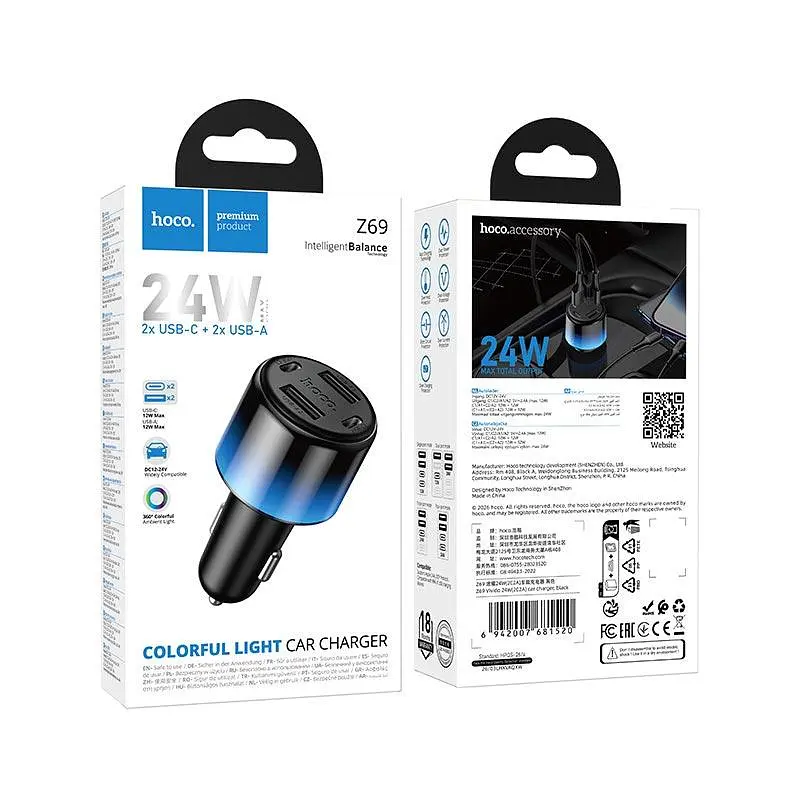 Адаптер автомобільний HOCO Vivido 24W car charger Z69 2C/2A, 12W/2.4A - фото 2