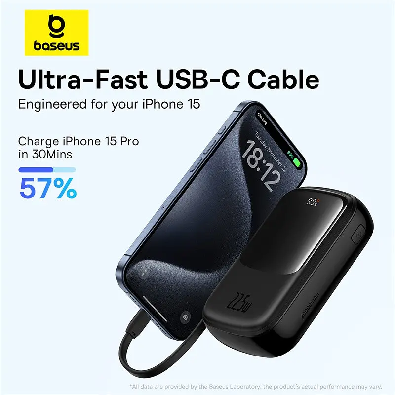 Акумулятор зовнішній з 2 вбудованими кабелями Baseus QPow Pro FC 20000 mAh 22.5 (P10067103113-00) - фото 7
