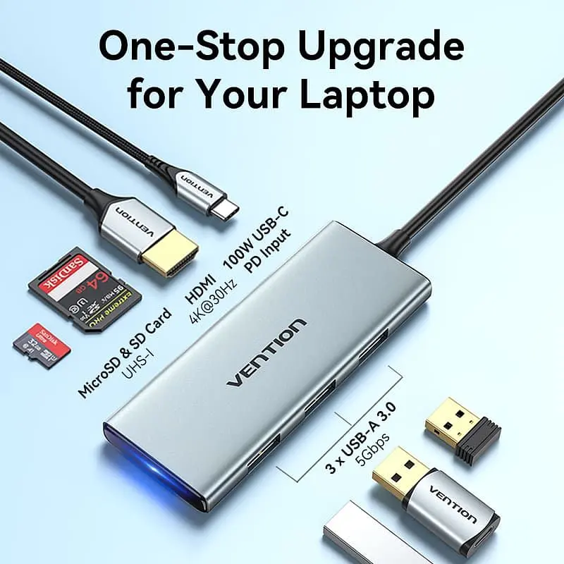Док-станція USB3.1 Type-C - HDMI/USB 3.0x3/SD/TF/PD 100W 7-in-1 Vention (TOPHB) - фото 5