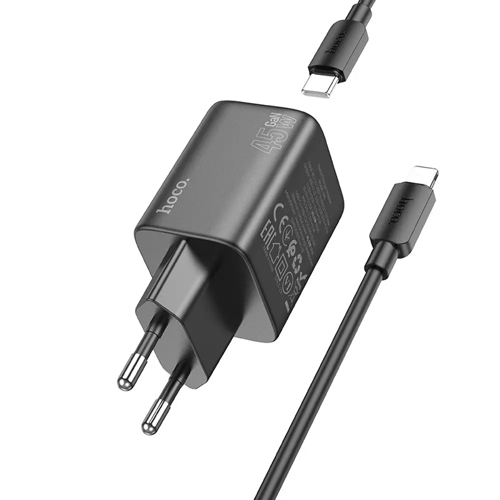 Мережевий зарядний пристрій Hoco N42 2 Type-C PD 45W чорний + кабель Type-C to Lightning - фото 4