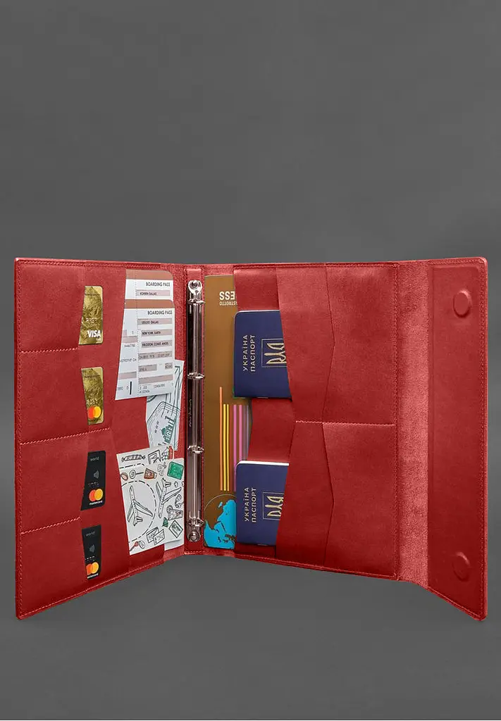 Кожаная папка для документов "Семейная" А4 на сегрегаторе с файлами красный - фото 7