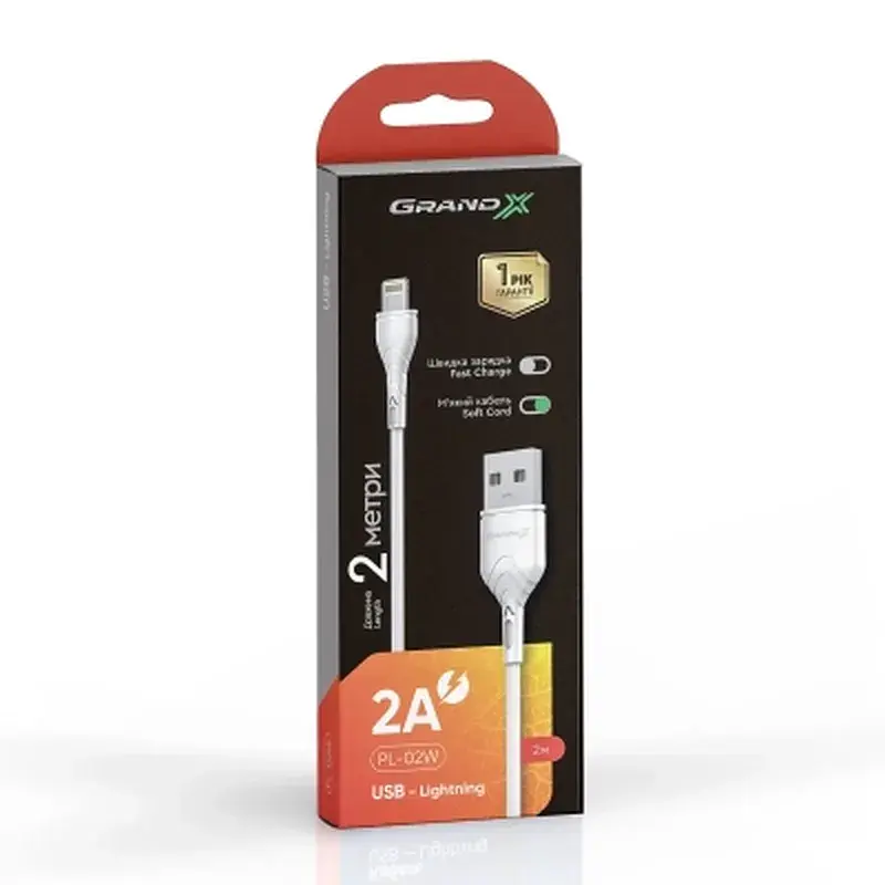Дата кабель USB 2.0 AM to Lightning 2.0m 2A white Grand-X (PL-02W) - фото 2