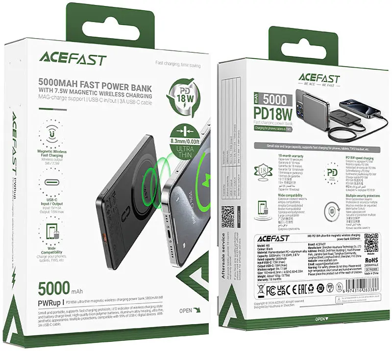 УМБ Acefast Magnetic Wireless 5000mAh 18W PD,QC 3.0, QI 7.5 Вт, ультра тонкий, M8 Black - фото 5