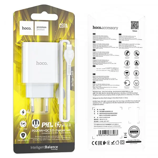 Зарядный комплект Hoco C97A 20 W 1PD 1 USB QC 3.0 charger + Type-C-to-iP Cable - фото 2