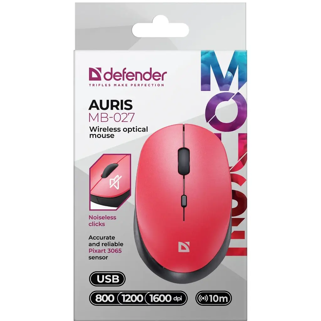 Компьютерная мышка Defender Auris MB-027 беспроводная 4 кн. 1600 dpi бесшумная красная (52026) - фото 4
