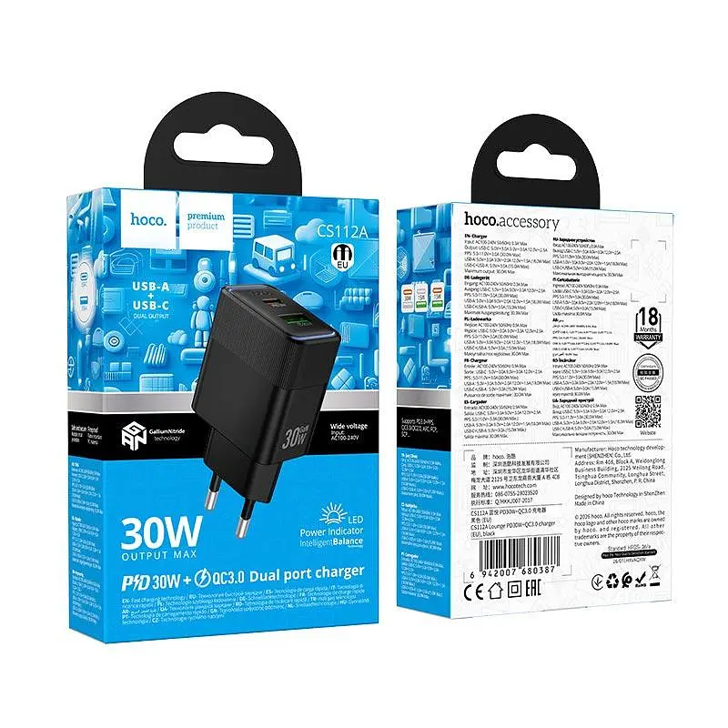 Адаптер мережевий HOCO Lounge charger CS112A 1A/1C, 30W/3A, PD/QC - фото 2