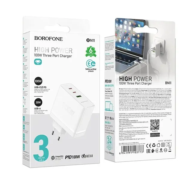 Адаптер живлення 3 порти (виходу) BOROFONE BN11 Imperial PD100W three-port (2C1A) білий - фото 7