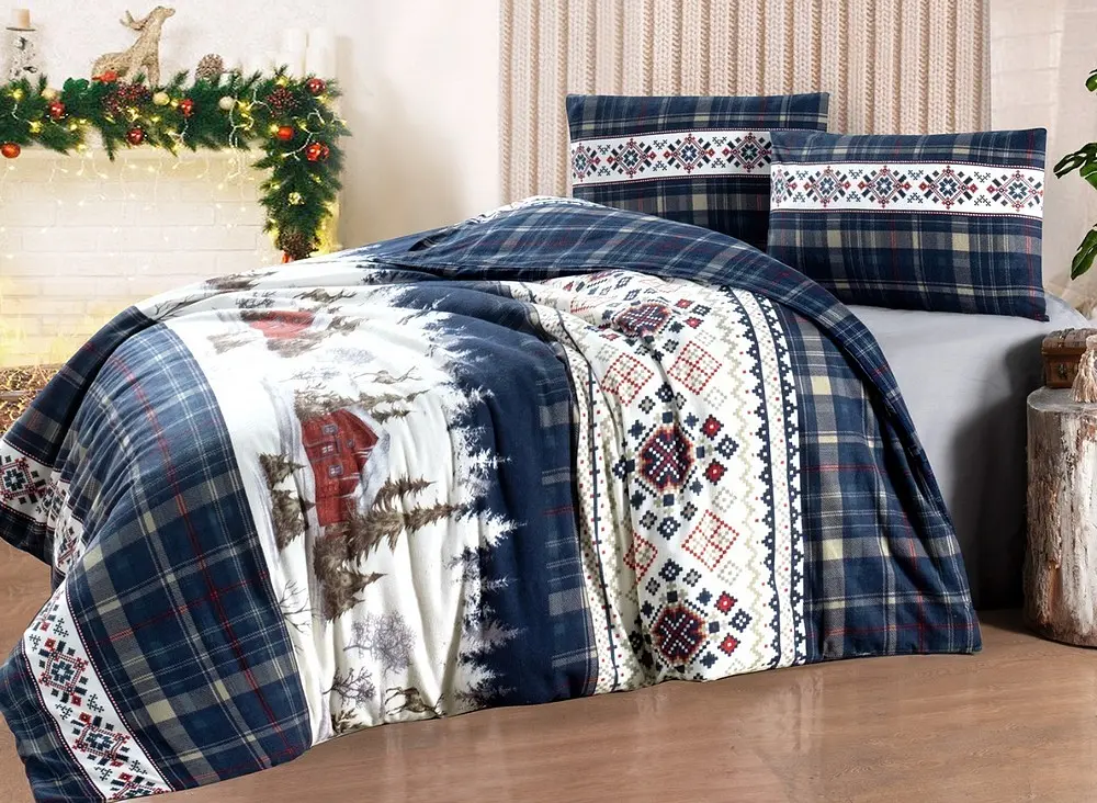 Турецька новорічна постільна білизна First Choice фланель Nature navy blue сімейна - фото 7