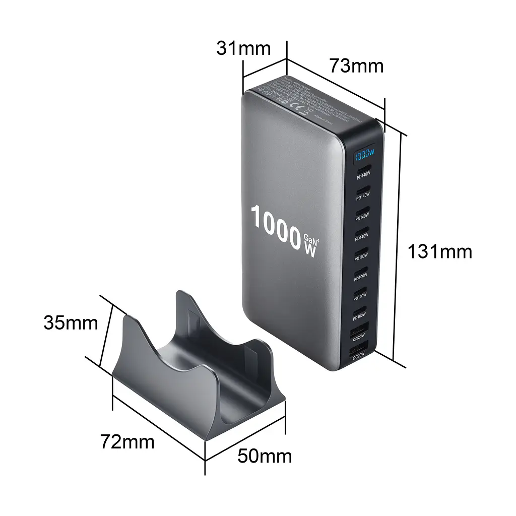 Мережева зарядна станція ILEPO 1000W на 2 USB+8 Type-C мультизарядний пристрій потужний блок живлення Black (19340) - фото 9